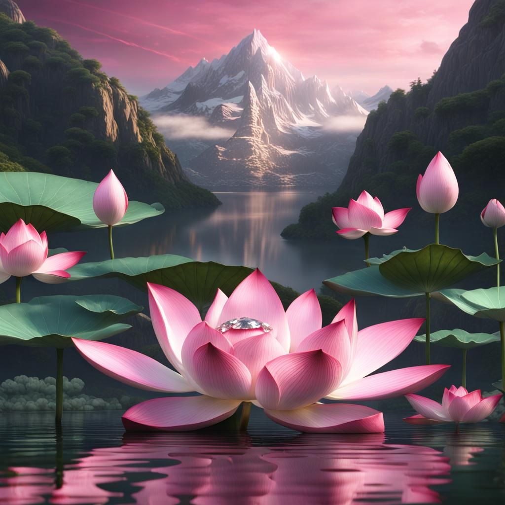 Lotus Flower with Diamond Drops in Mountain Lake