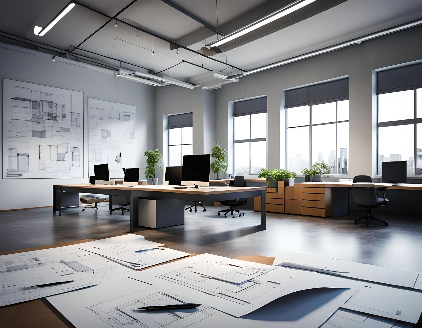 Architect's Office Workplace with Blueprints and Computer