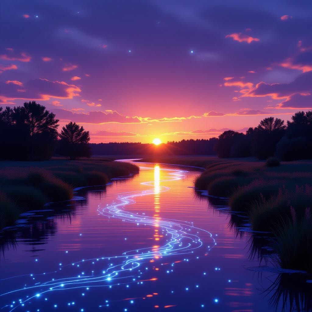 Holographic River Under Orange and Purple Sky