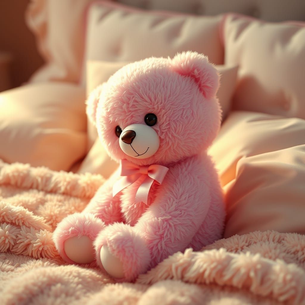 Whimsical Pink Bear on Plush Bed
