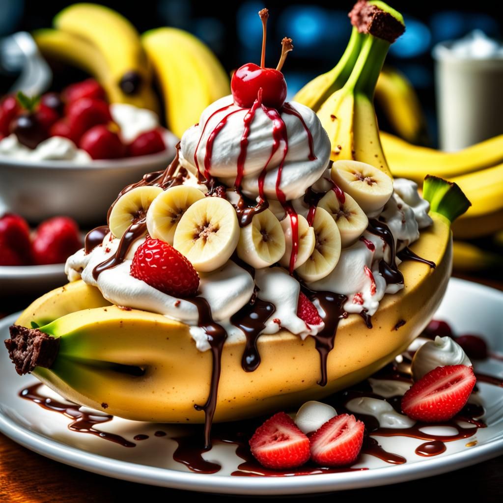 Hyperrealistic Banana Split with Intricate Details