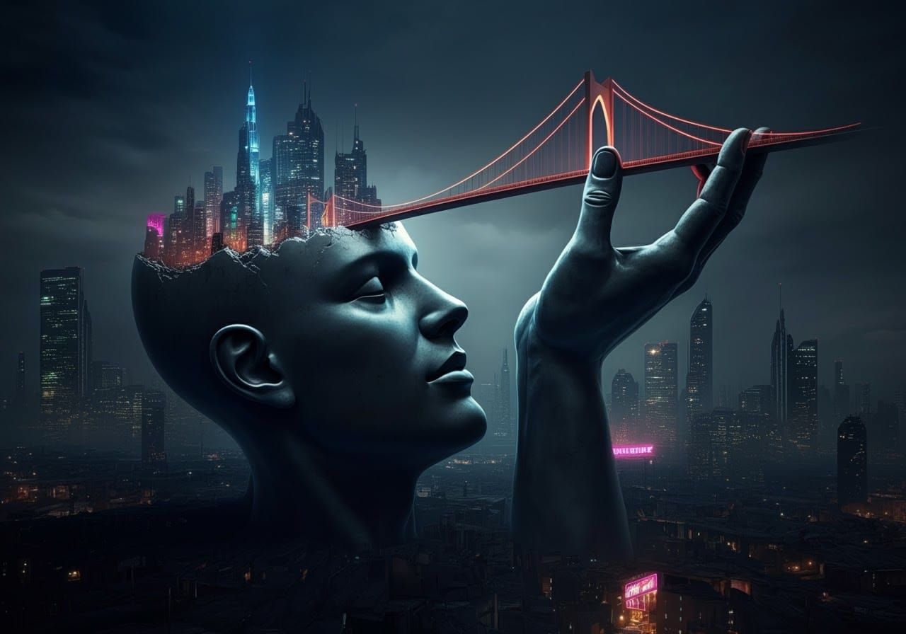 Dystopian Cityscape on Giant Human Head with Bridge
