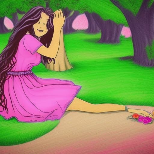 Teenage Girl Sketching Under Oak Tree in Synthwave Style