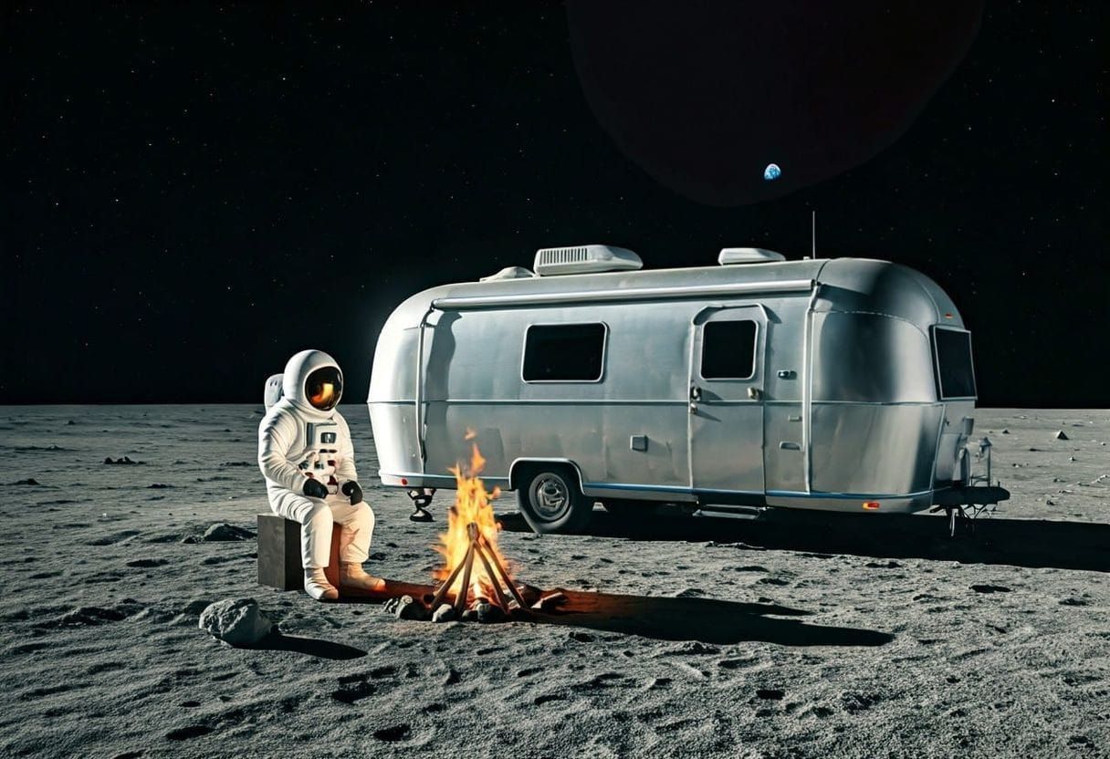 A campfire under the light of the Earth