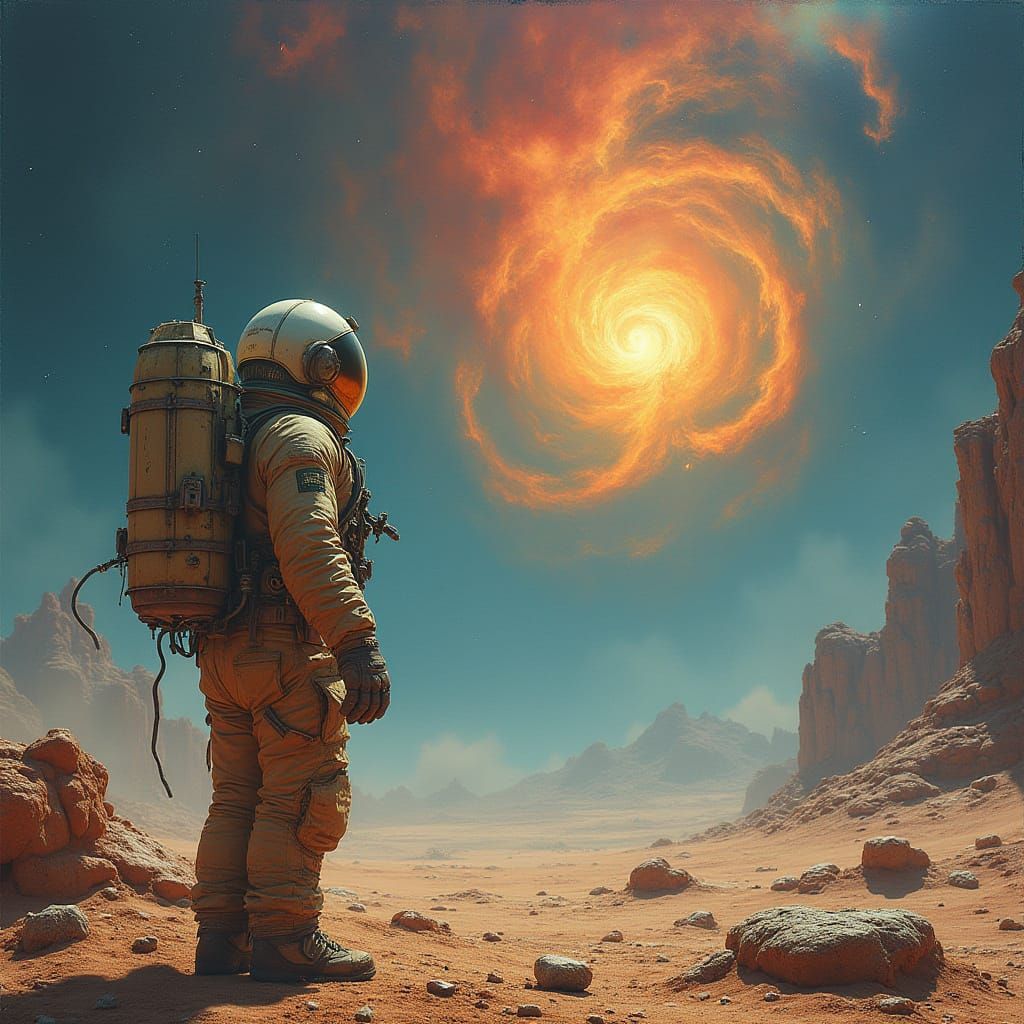 Astronaut on Alien Planet Gazing at Nebula