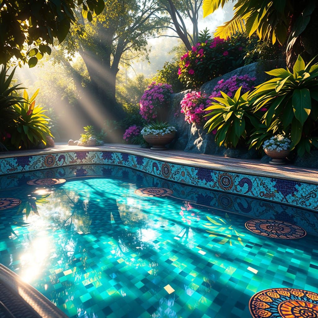 Surrealist Mosaic Pool Tiles in a Dreamlike Oasis