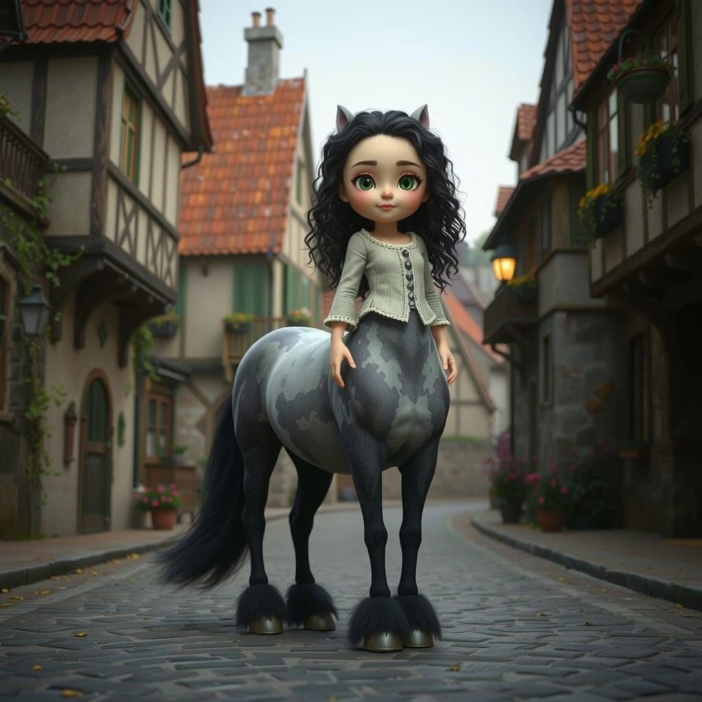 Whimsical Chibi Centaur Girl in Medieval Village