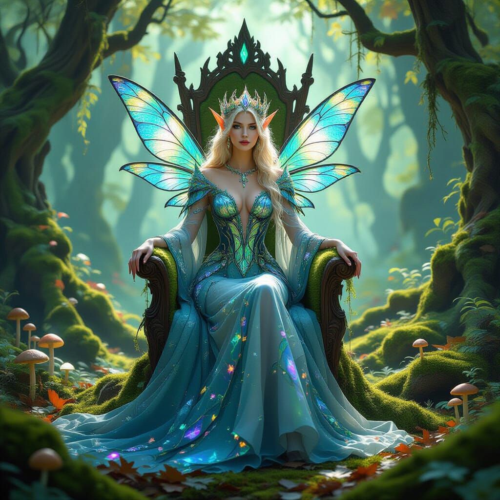 Regal Elven Queen on Moss Throne in Sun-Dappled Forest
