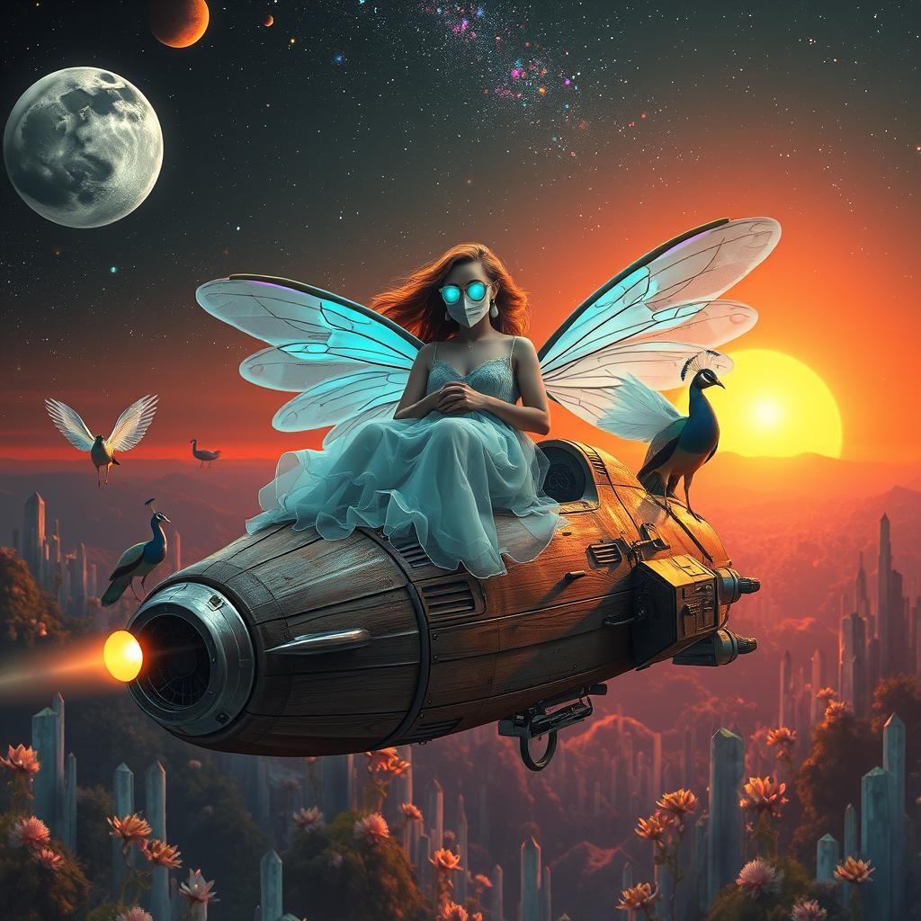 Cosmic Trio Atop Spaceship Amidst Galaxy Sunset