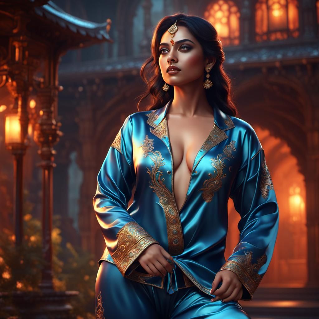Indian Fantasy Beauty in Satin Pajamas, Digital Art