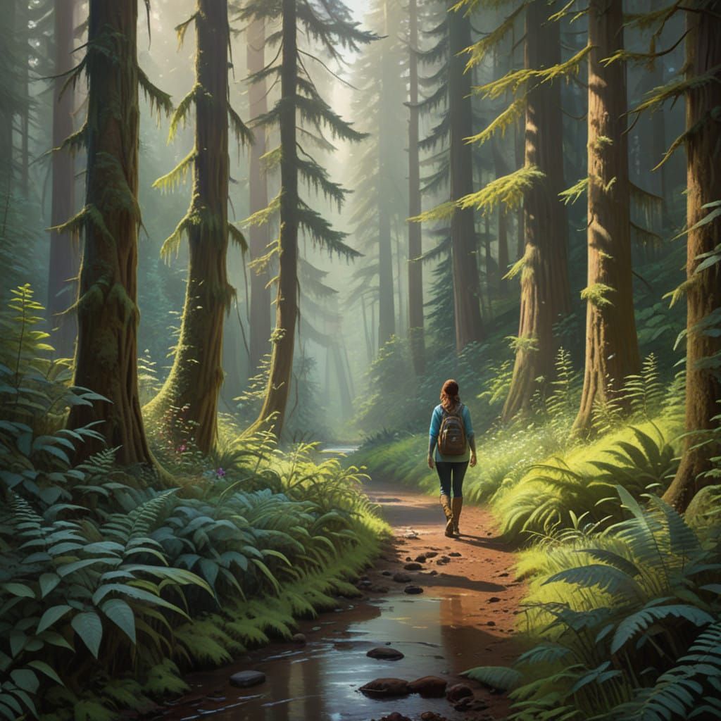 Serene Woman Walks Through Tranquil Olympic National Forest...