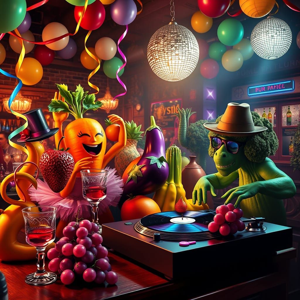 Vibrant Fruits and Vegetables Party in a Whimsical Pub
