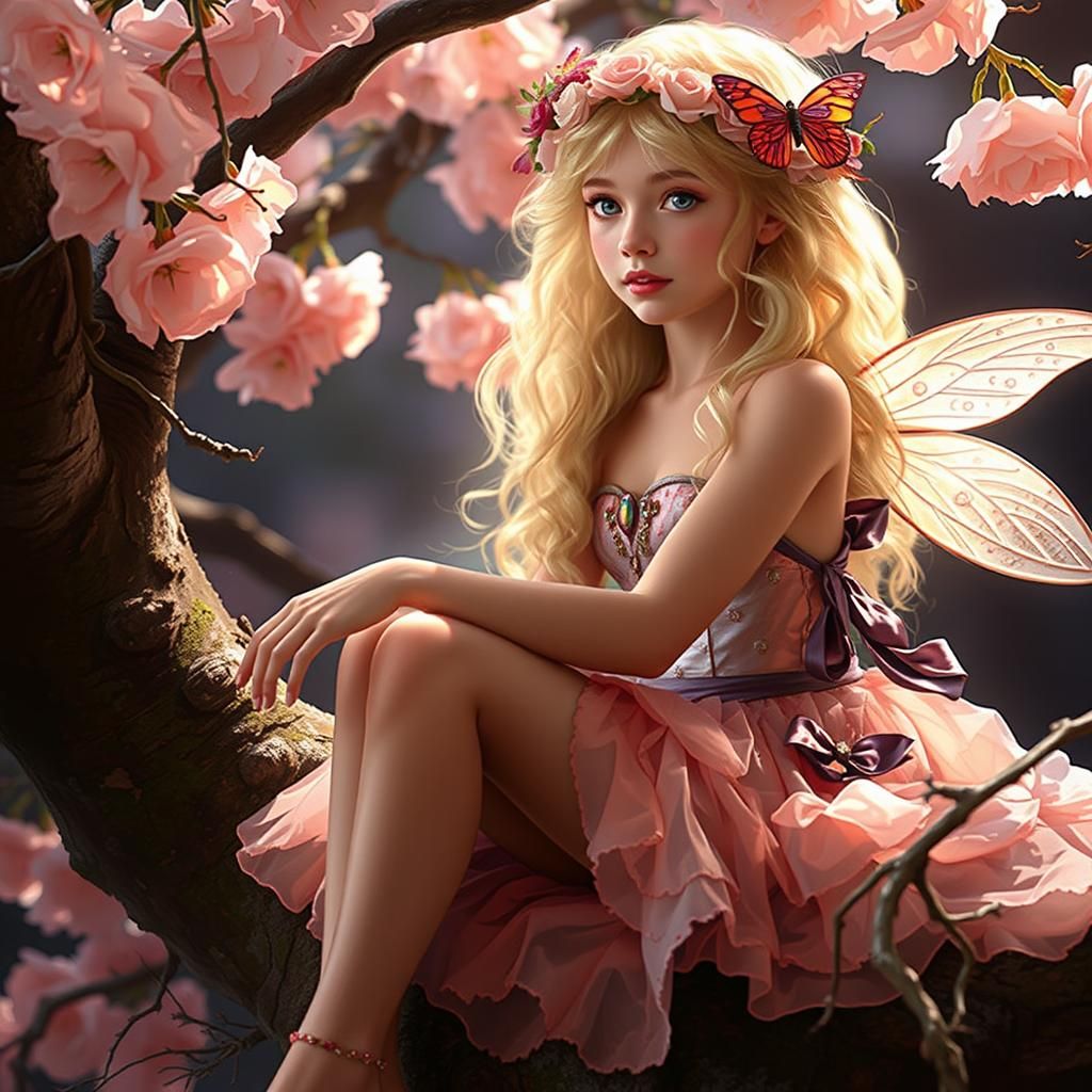 Young Fairy in Tree at Sunset