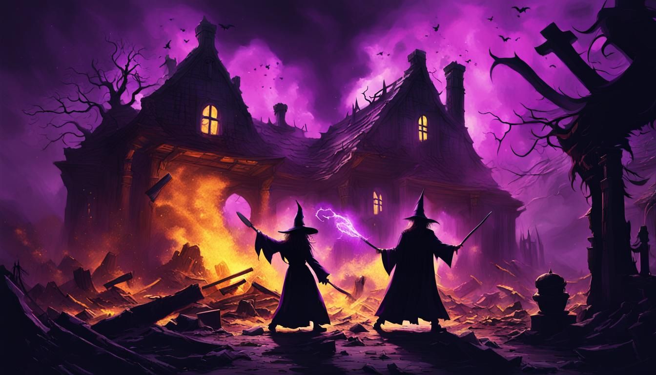 Epic Witch and Wizard Duel in Dark Fantasy Art