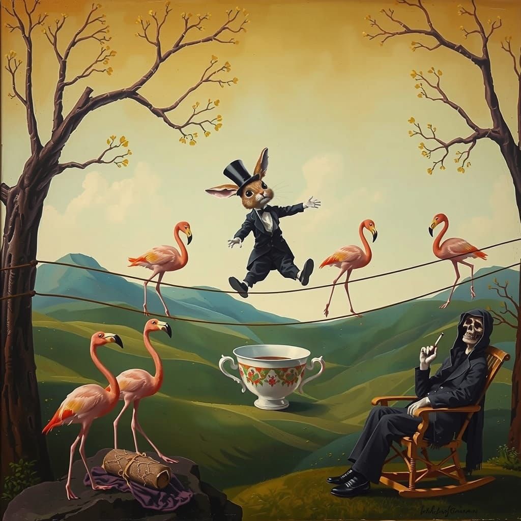 Surreal Rabbit Tightrope Walker in Dreamlike Landscape