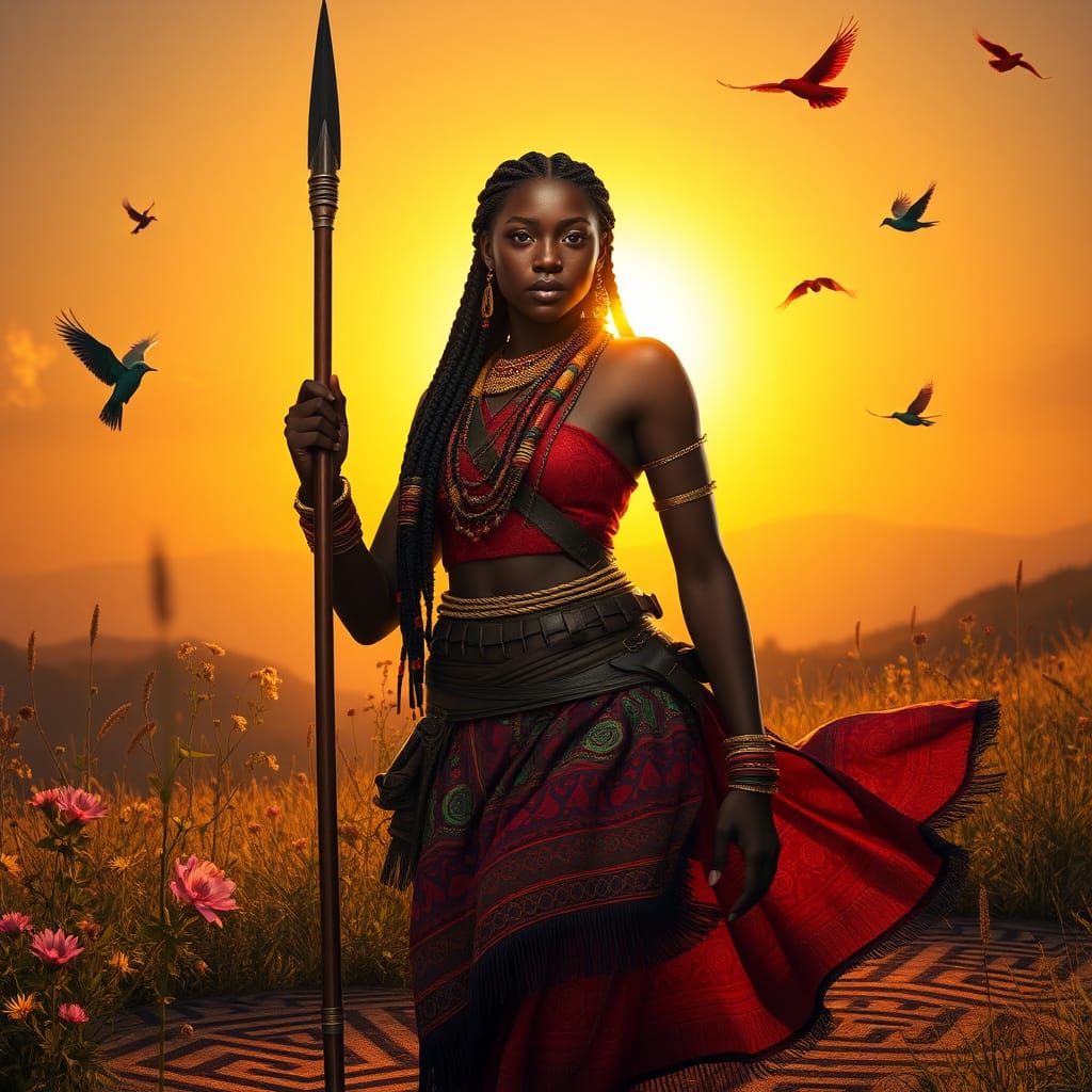 African Woman Warrior with Spear at Sunset