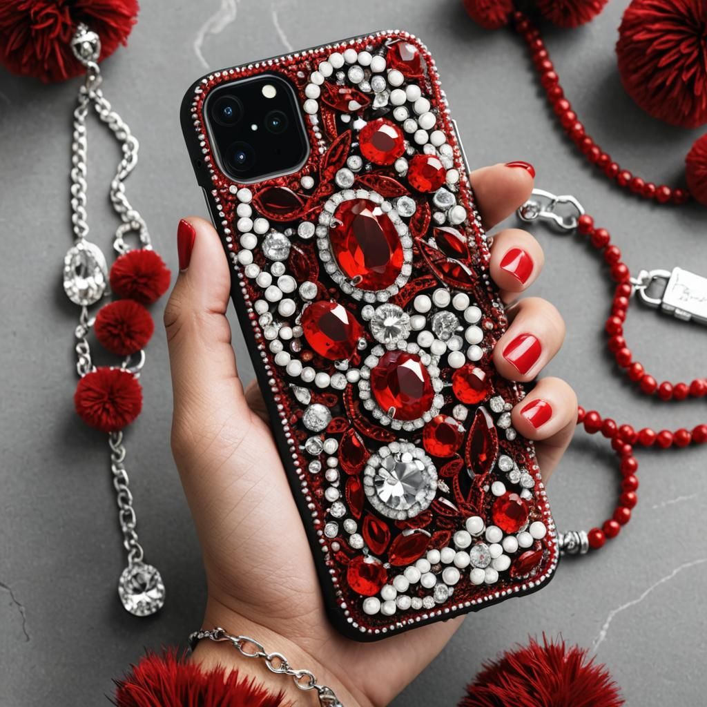 Smartphone with Red Gemstone Case Close-Up