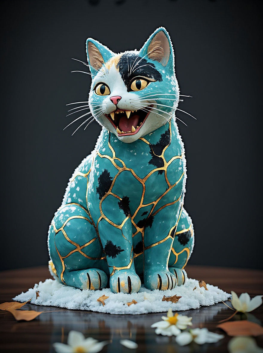 Kintsugi Calico Cat Statue on Black Background