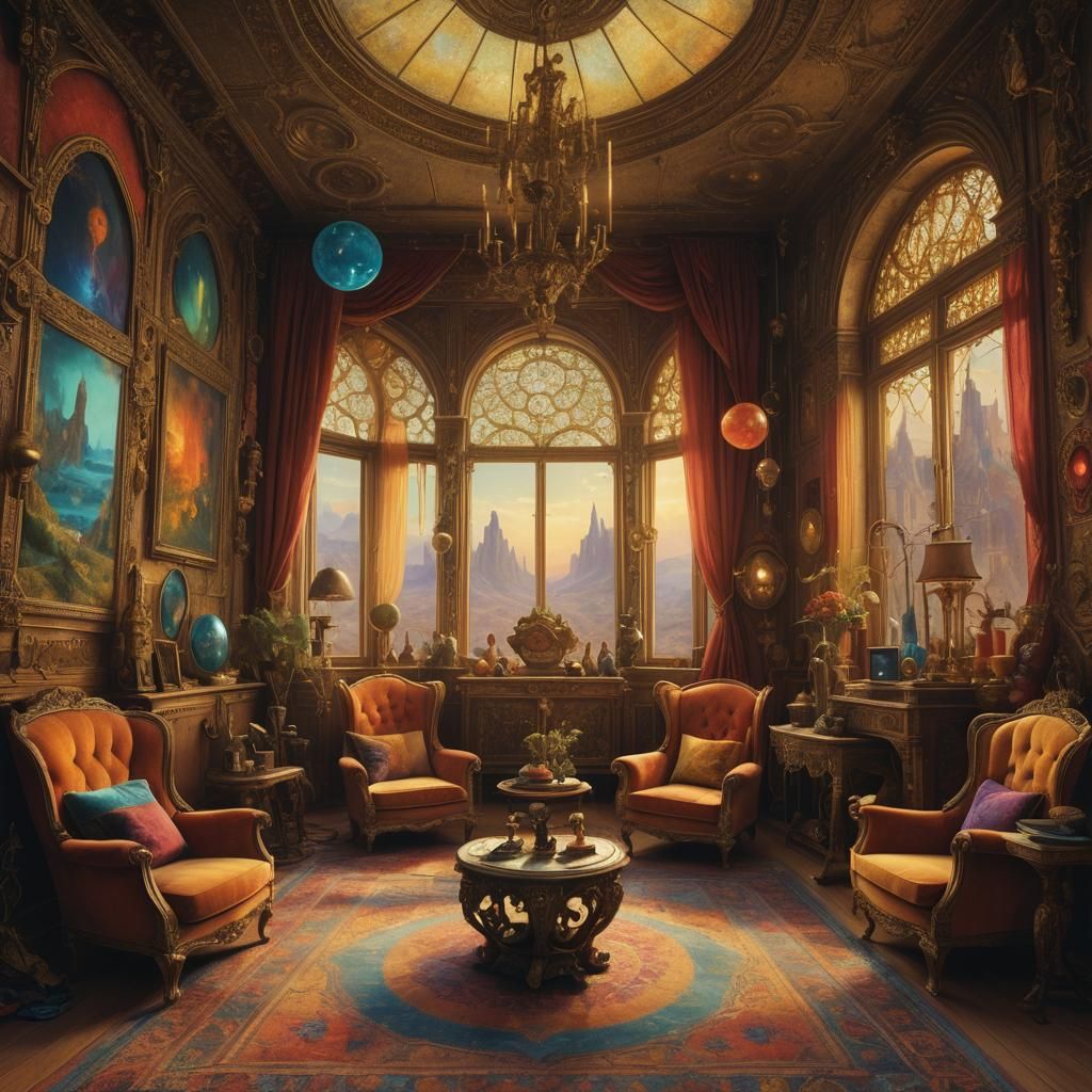 Bohemian Room with Mystical Objects, in Beksiński Style