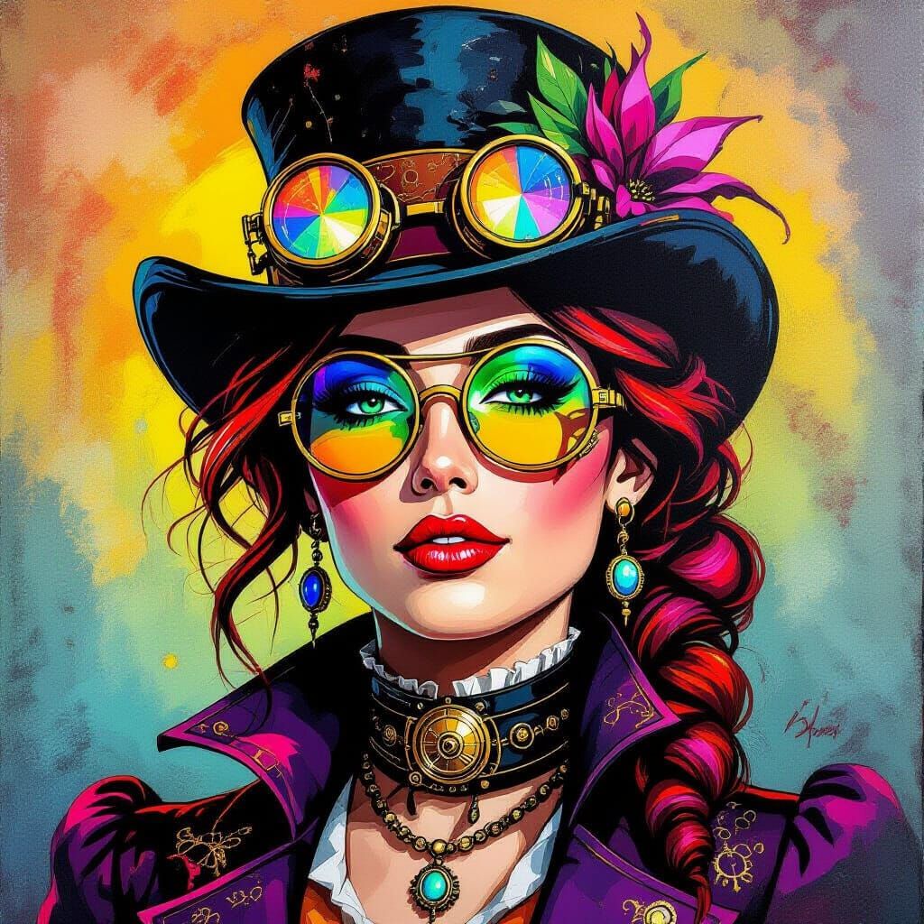 Steampunk Woman Portrait in Blacklight Acrylic Style