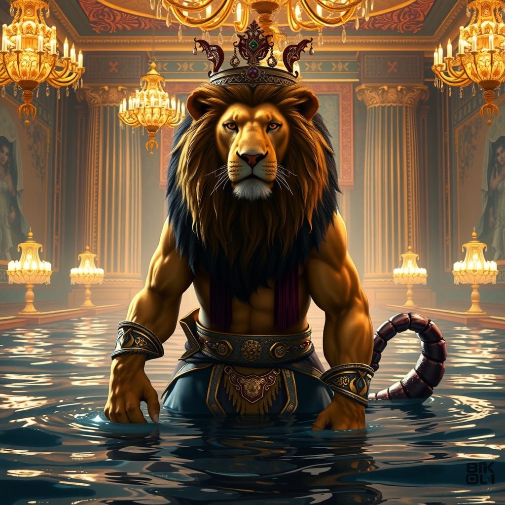 Regal Lion with Scorpion Tail in Futuristic Setting