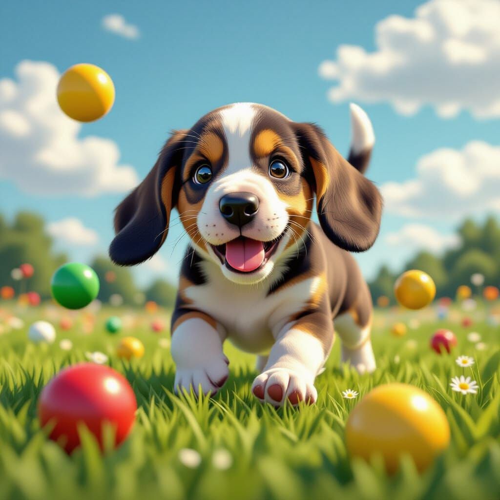 Playful Basset Hound Puppy Chasing Colorful Balls in Anime S...