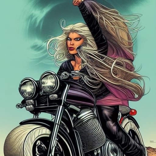Comic Book Biker Woman with White Hair