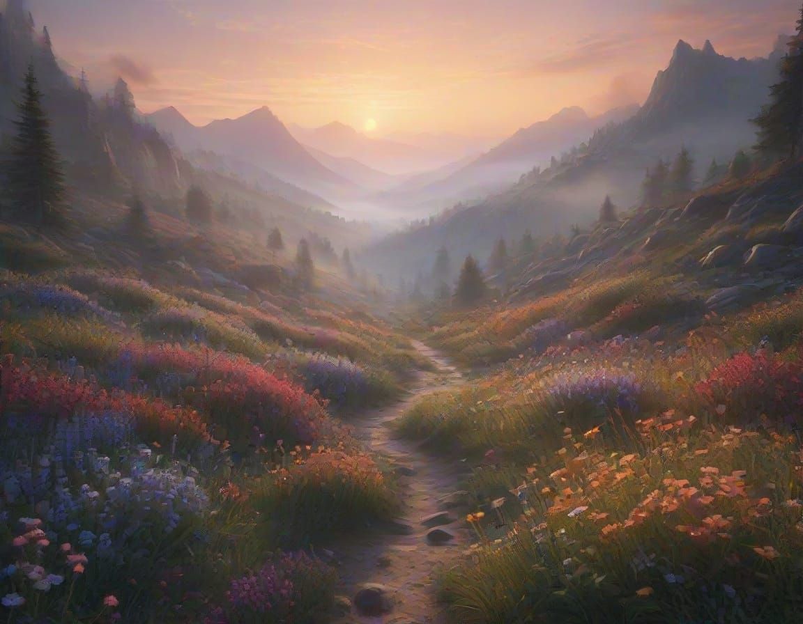 Sunrise Illuminates Enchanted Valley of Wildflowers in Dream...