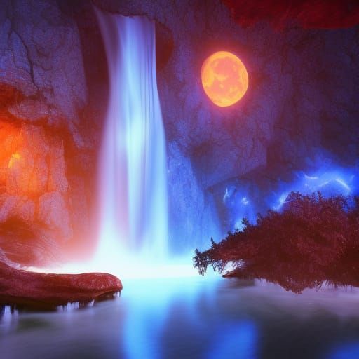 Fantastical Waterfall Under Fire Red Moon