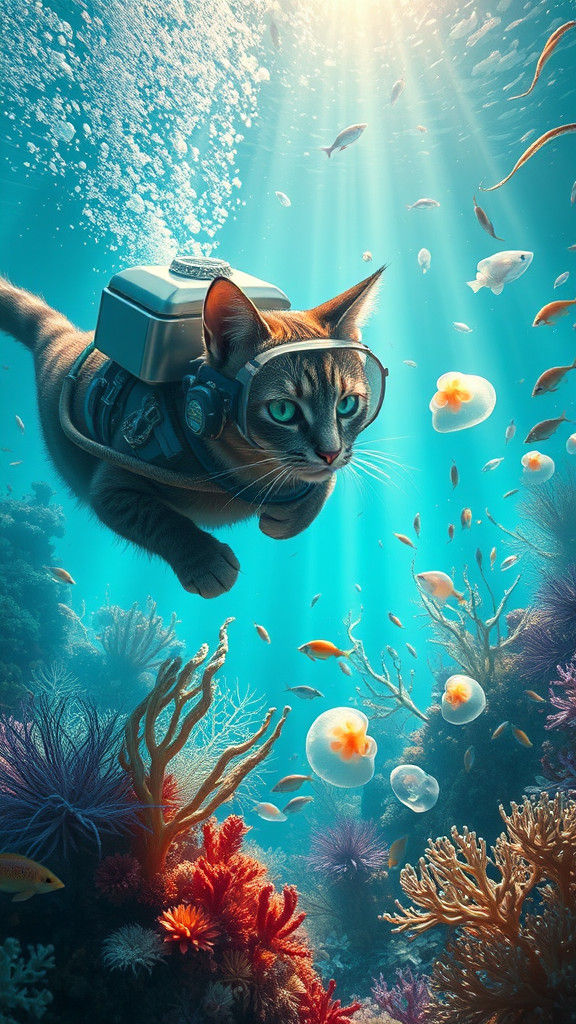 Majestic Cat Diver in Mystical Ocean