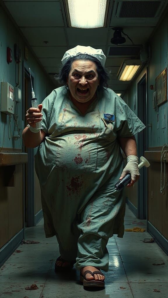 Grotesque Nightshift Nurse Haunts Dark Hospital Corridor
