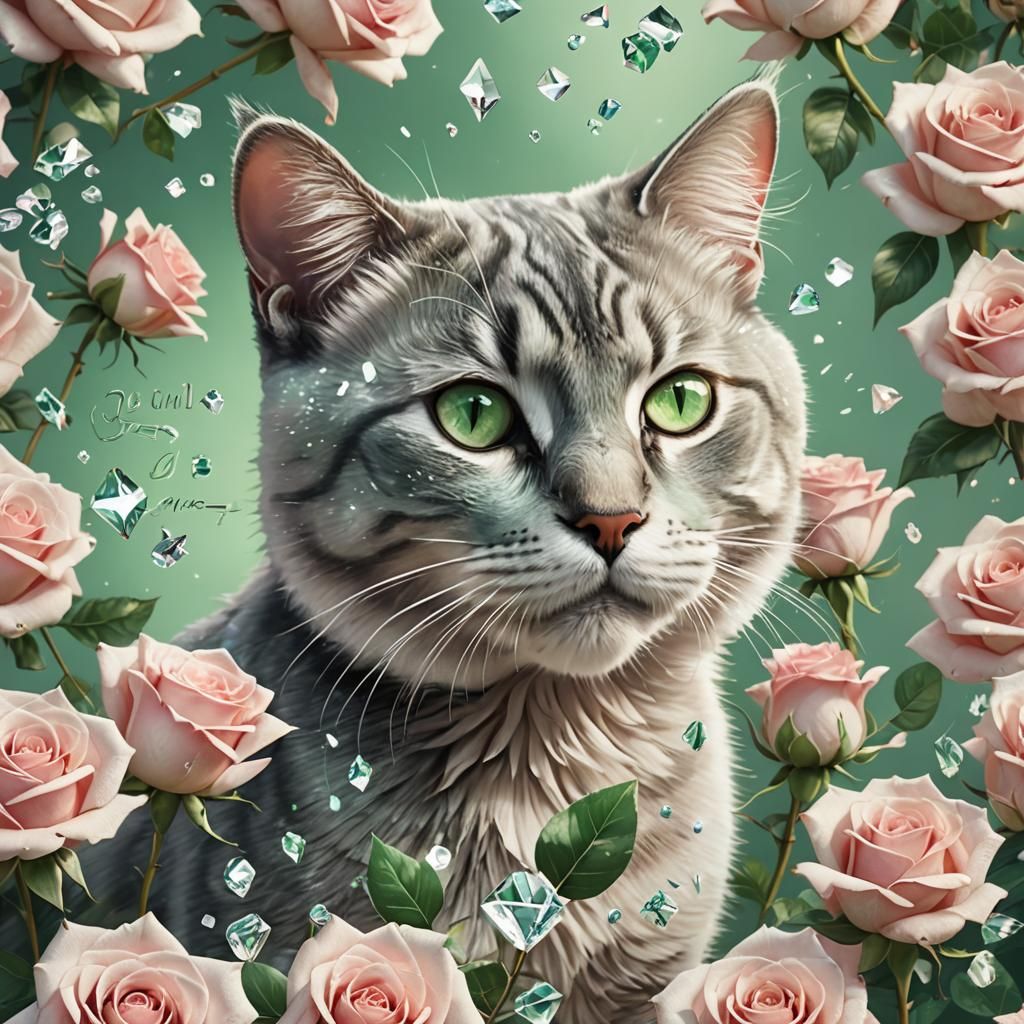 Cat Blowing Diamond Roses: Photorealistic Digital Art