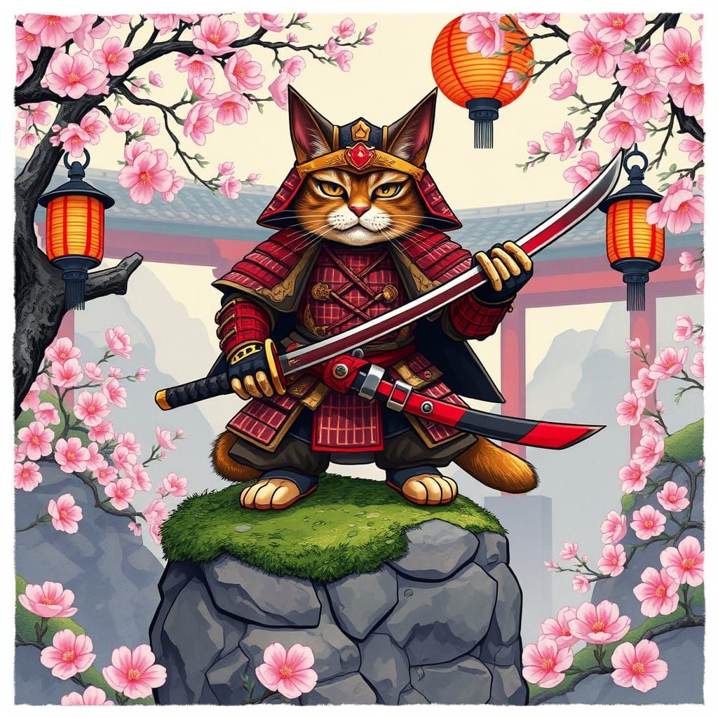 Whiskered Warrior in Samurai Armor, Japanese Garden