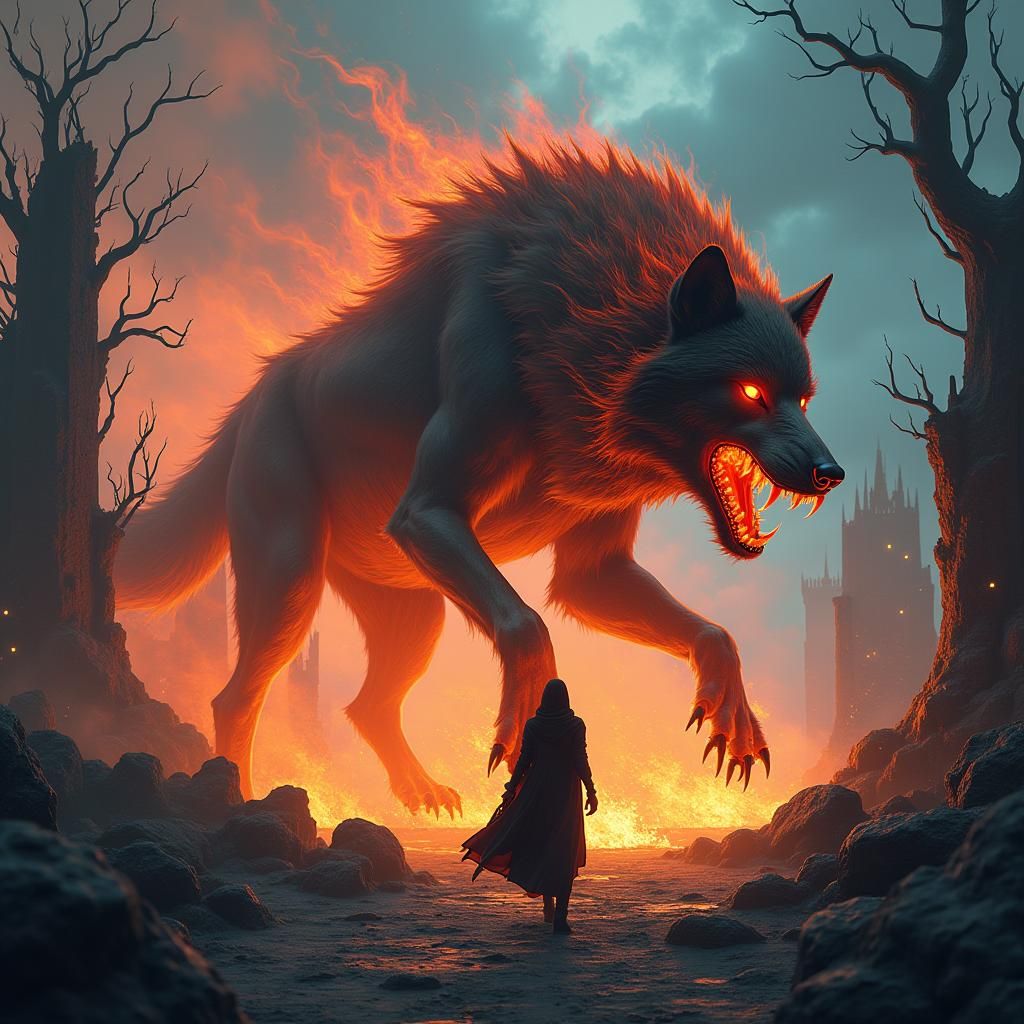 Fiery Magma Wolf Guided Through Mystical Realm