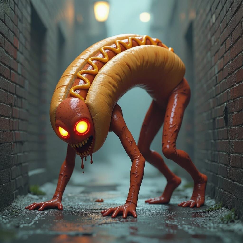 Surreal Hotdog Monster in Creepy Alleyway Backbend