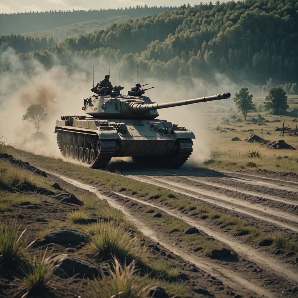 Dramatic Tank Film Still in Cinematic Lighting