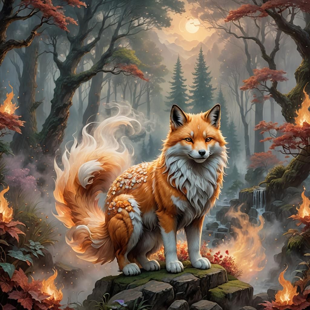 Ethereal Fire Kitsune in Misty Woodland