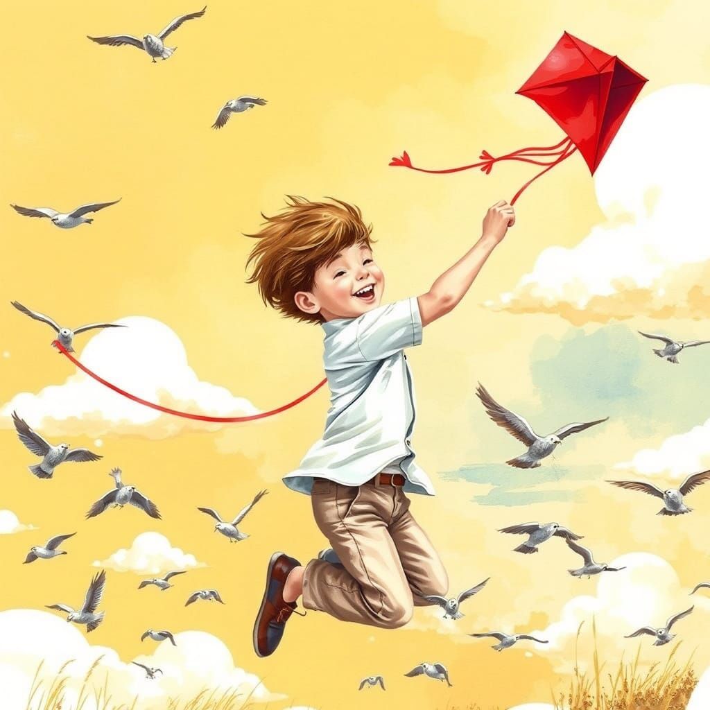 Boy Soars with Kite and Birds in Whimsical Watercolor