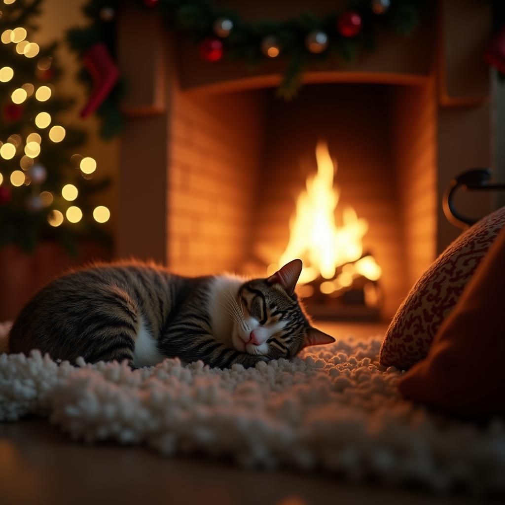 Cozy Christmas: Cat Napping by Fireplace, Hyper-Realistic