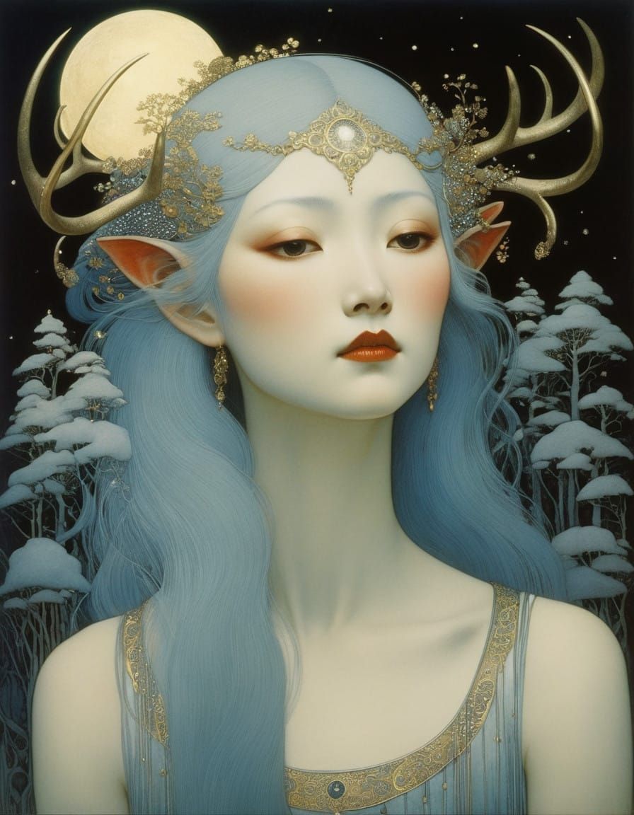 A Serene Asian Woman with Stag Antlers in Gilded Midwinter S...
