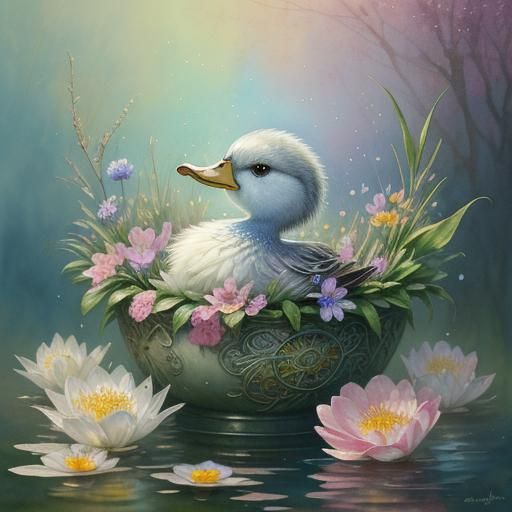 Watercolor Duckling in Cup: Fantasy Digital Art