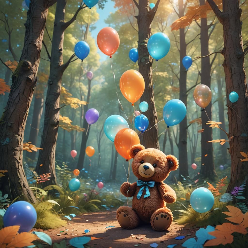 Teddy Bear and Balloon in Whimsical Forest