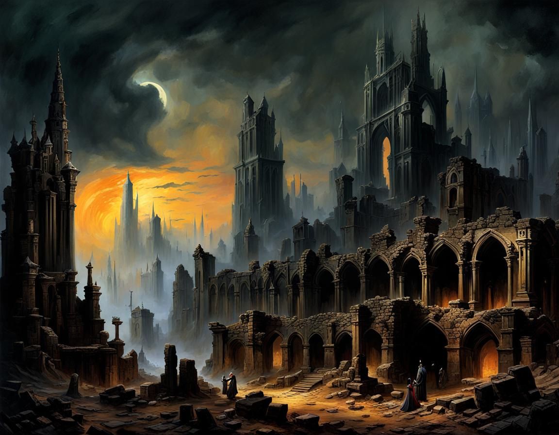 Grimdark Fantasy City Ruins in Oil Painting Style