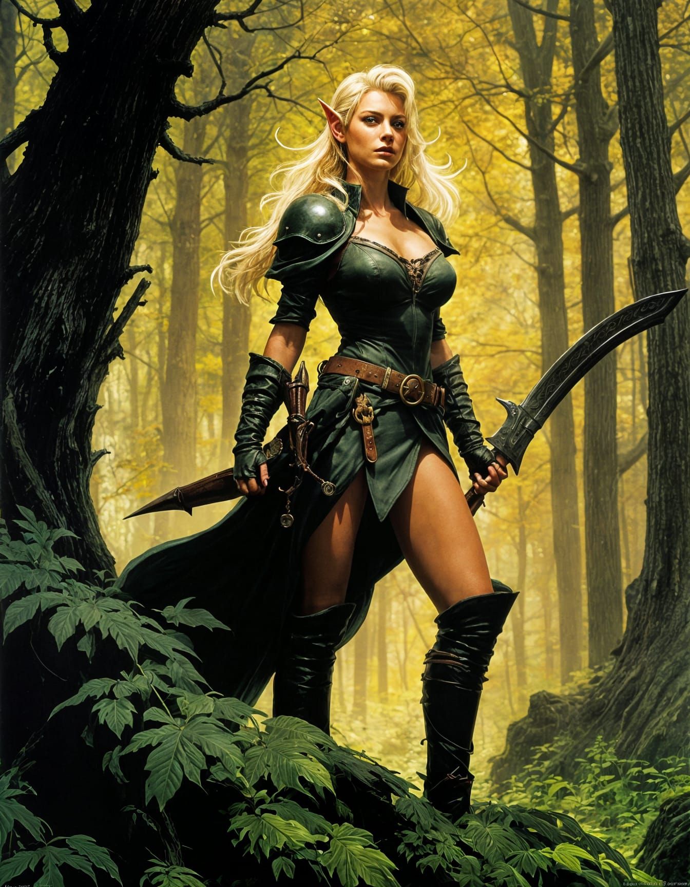 Ethereal Dark Fantasy Elf Hunter in Grimdark Forest