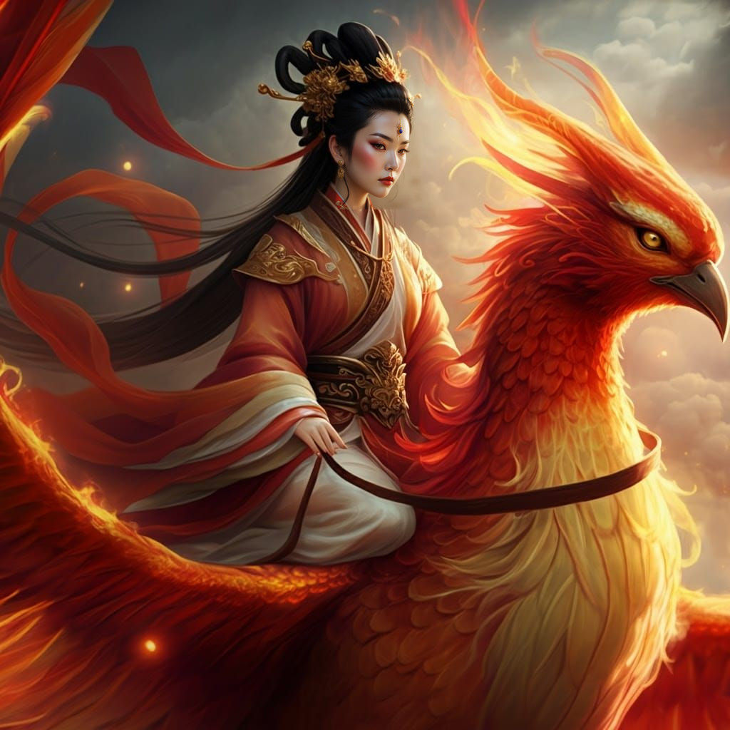 Chinese Goddess Jiutian Xuannü Riding a Phoenix
