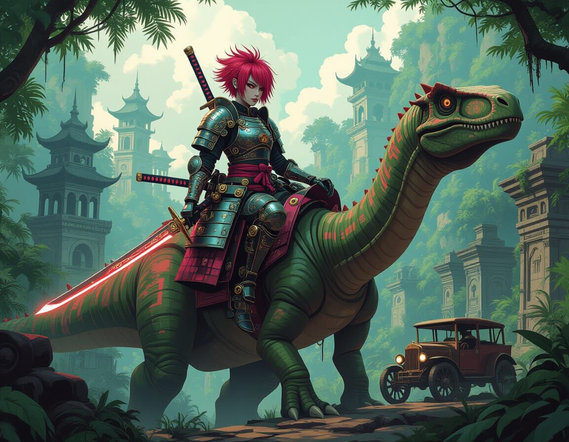 Gothic Samurai on Brachiosaurus in Fantasy Jungle