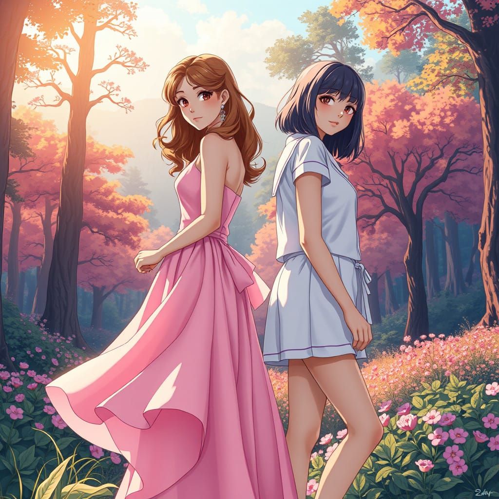 Elegant Forest Encounter in Traditional Anime Style