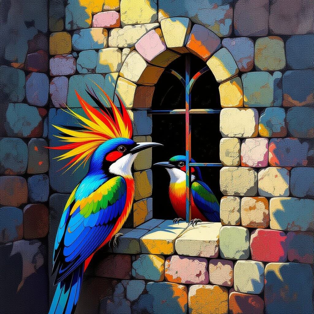Colorful Bird of Paradise Peeks into Medieval Tower Window