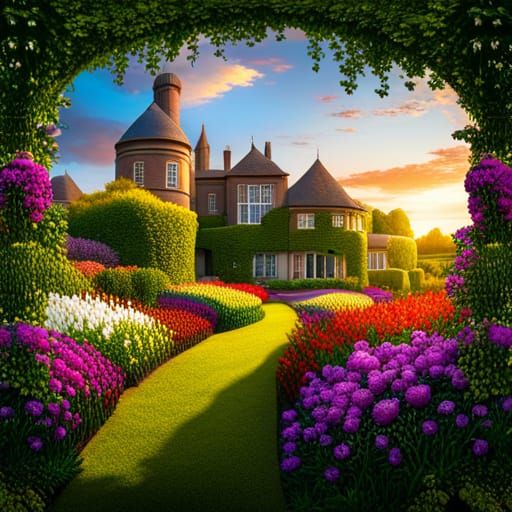 English Flower Garden at Sunset, Detailed Matte Painting