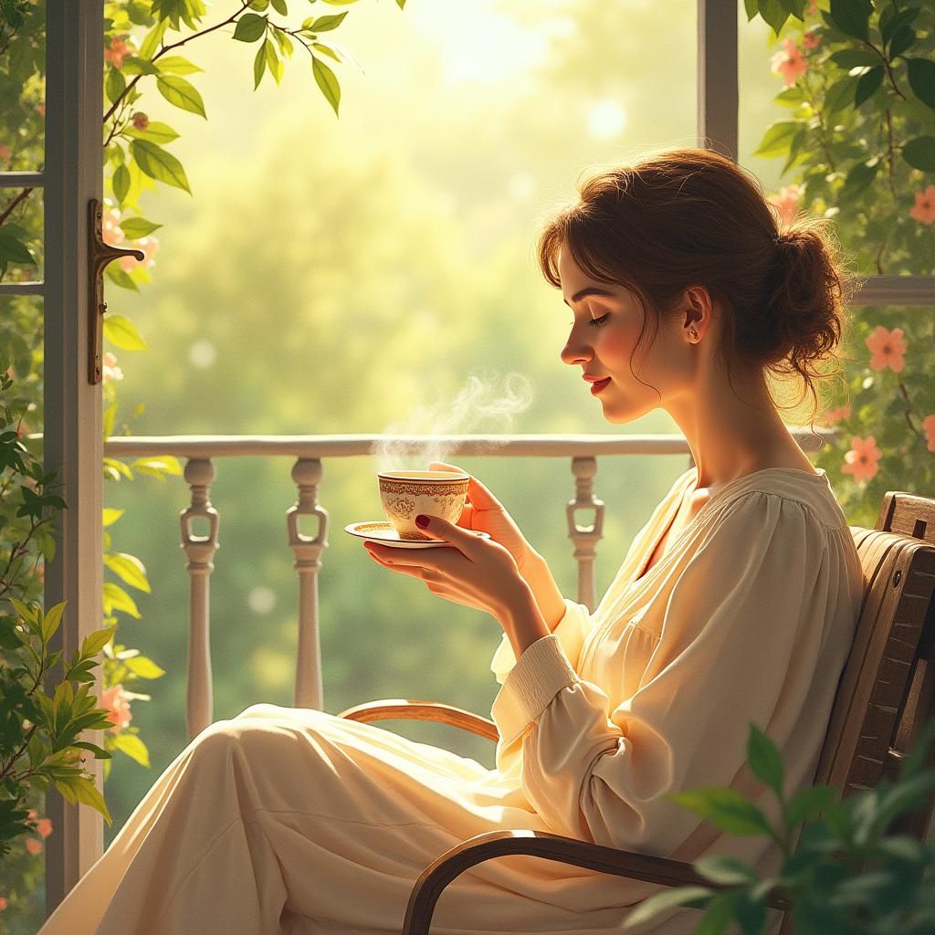 Morning Coffee on Balcony in Dreamy Watercolor Style